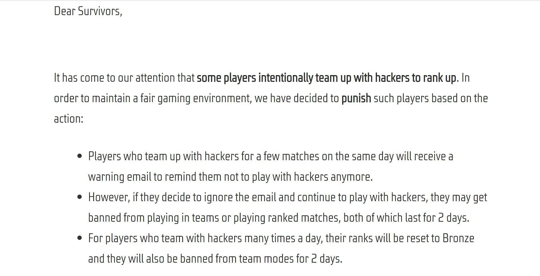 The punishments for teaming with hackers (Image via Garena)