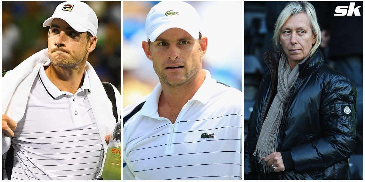 John Isner (L), Andy Roddick (C), and Martina Navratilova