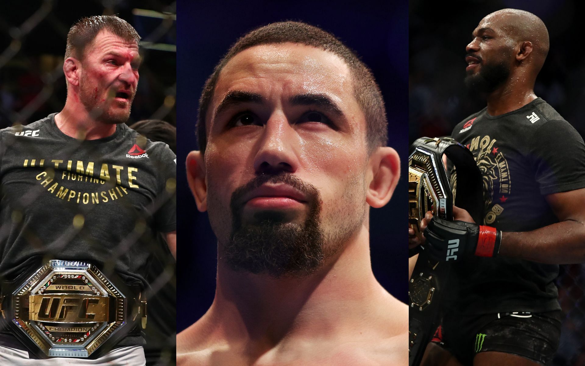 Stipe Miocic (left), Robert Whittaker (centre), Jon Jones (right)