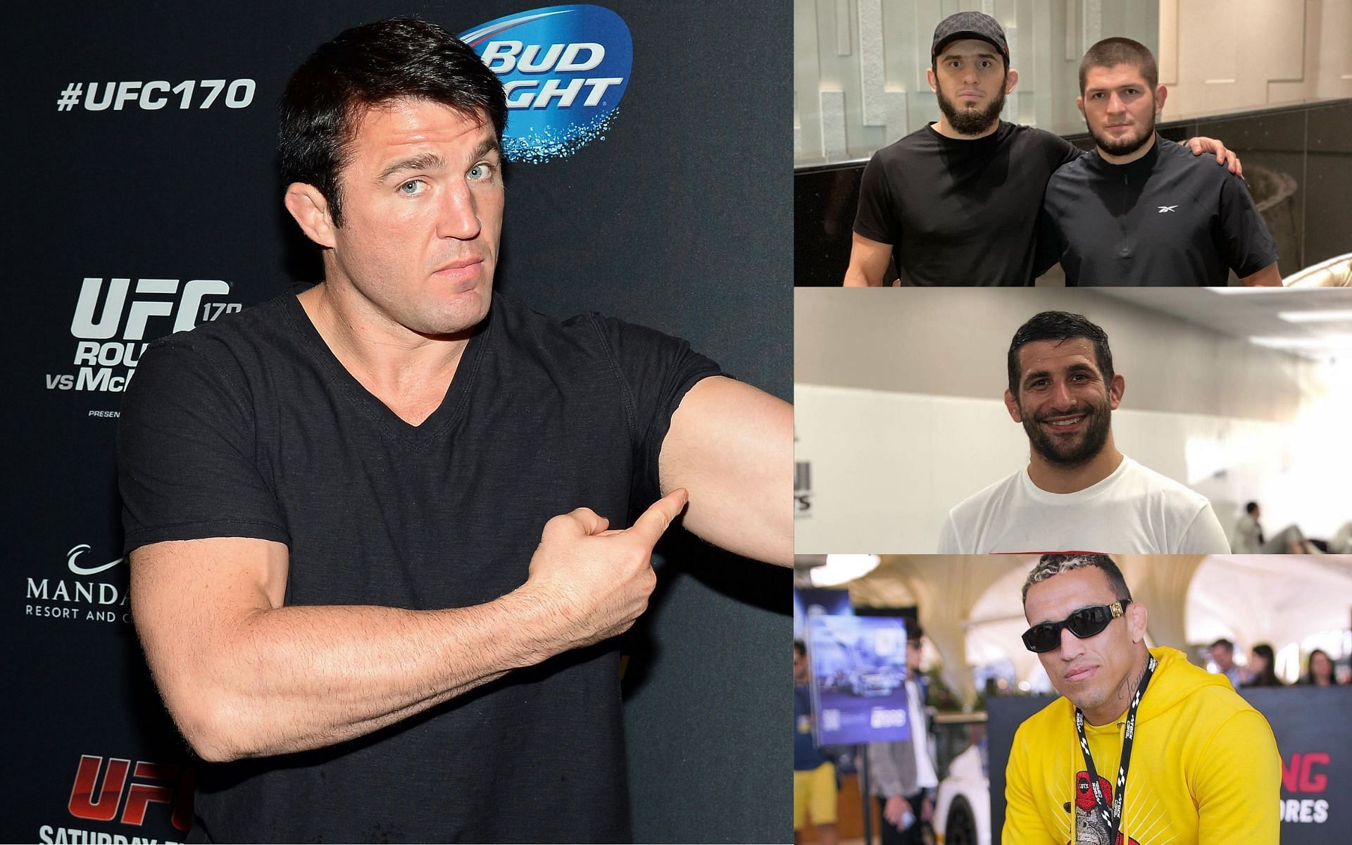 Chael Sonnen (Left), Islam Makhachev and Khabib Nurmagomedov (Top Right), Beneil Dariush (Center Right), and Charles Oliveira (Bottom Right) [Image courtesy: Getty Images; @islam_makhachev, @beneildariush, and @charlesdobronxs Instagram]