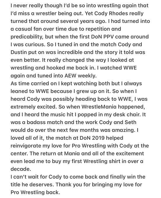 Cody Rhodes has responded to a passionate WWE fan on social media