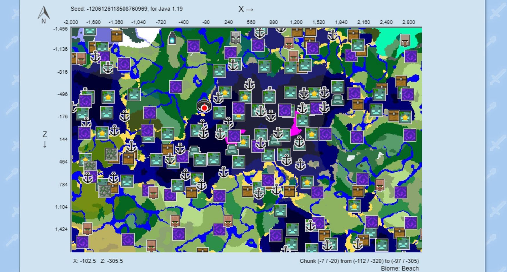 The chunk map based on the seed (Image via ChunkBase)