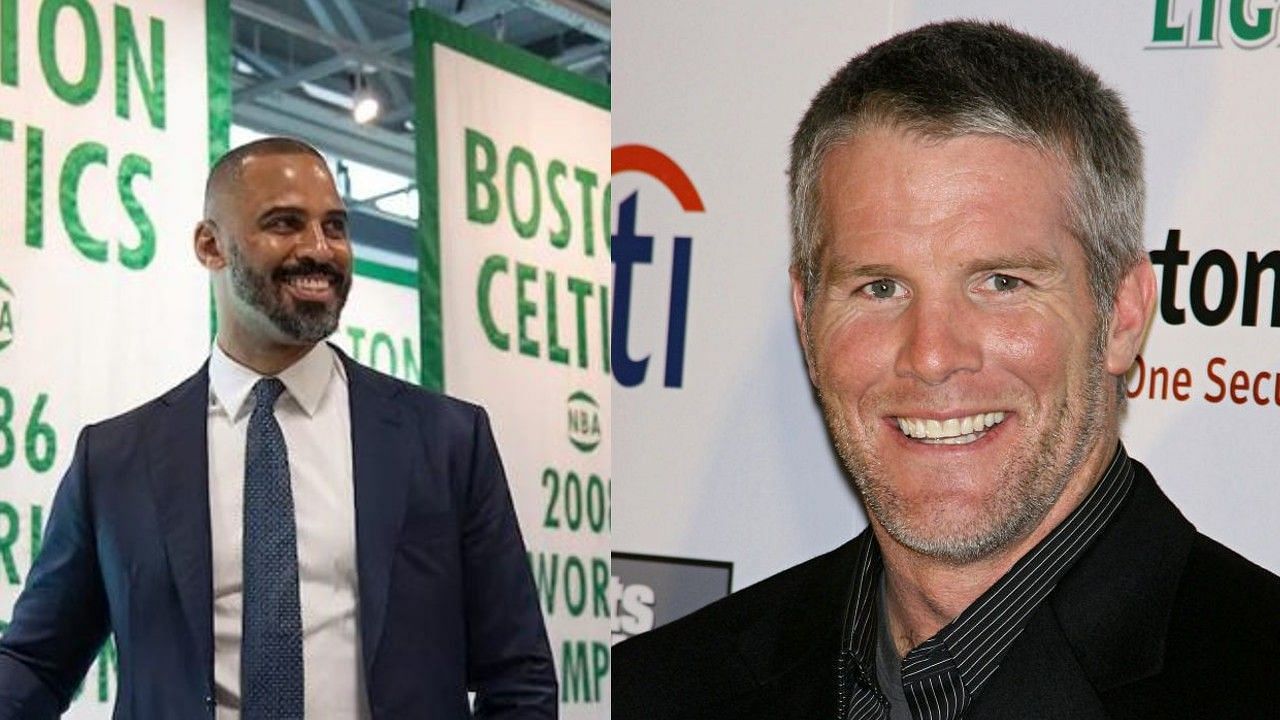 Boston Celtics head coach Ime Udoka (left) and former NFL quarterback Brett Favre (right). 