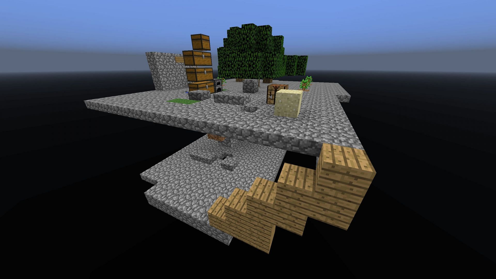 A basic skyblock base with multiple spots to grow trees (Image via Minecraft)