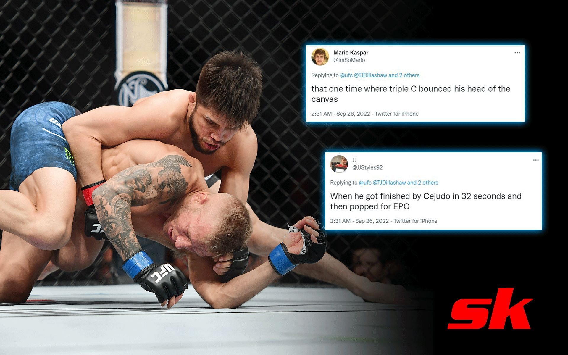 Fans express outrage revisiting &quot;favorite T.J. Dillashaw finish&quot; [Images via Getty, comments from @ufc on Twitter]
