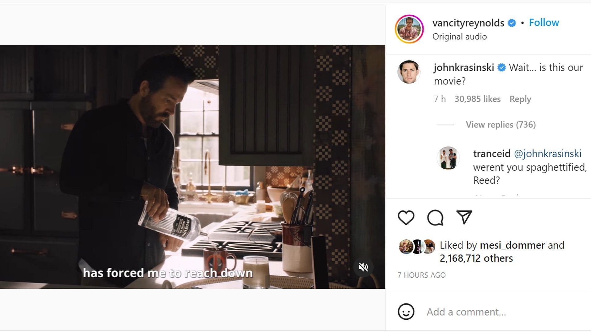 Screengrab of John Krasinki responding to Ryan Reynold&#039;s post (Image via Instagram - @vancityreynolds)