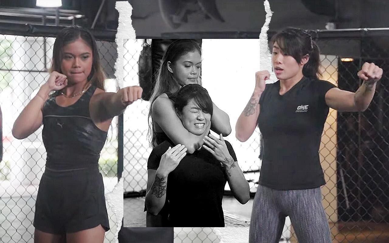 Angela Lee teaches racecar driver Bianca Bustamante how to pull off a mean rear-naked choke. | Photos by ONE Championship