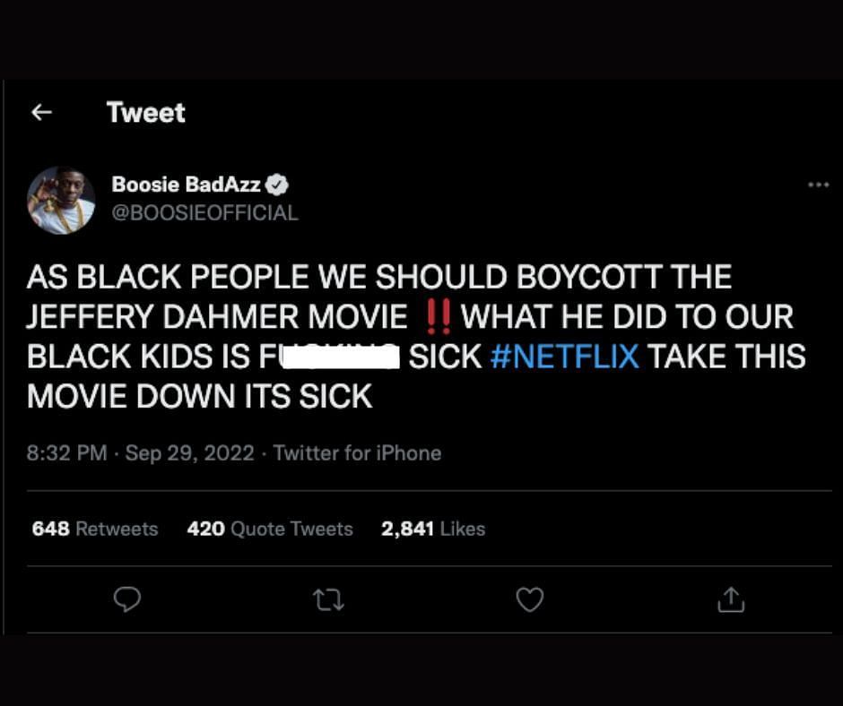 Rapper Boosie Badazz called to boycott the Jeffrey Dahmer series on Netflix (Image via @BOOSIEOFFICIAL/Twitter) 