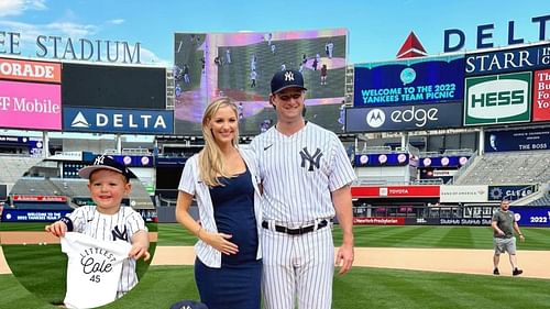 Gerrit Cole with his wife at Yankee Stadium on Yankee Family Day; Gerrit and Amy's son Caden (inset)