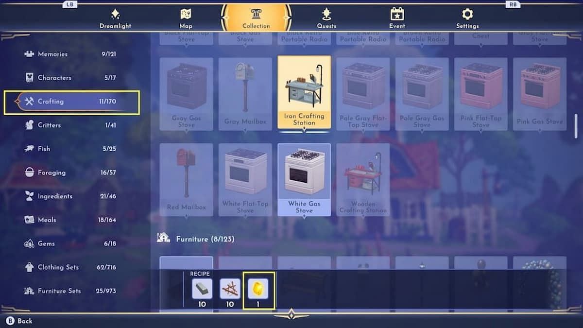 Players can see which Disney Dreamlight Valley crafting recipes require gems (Image via Gameloft)