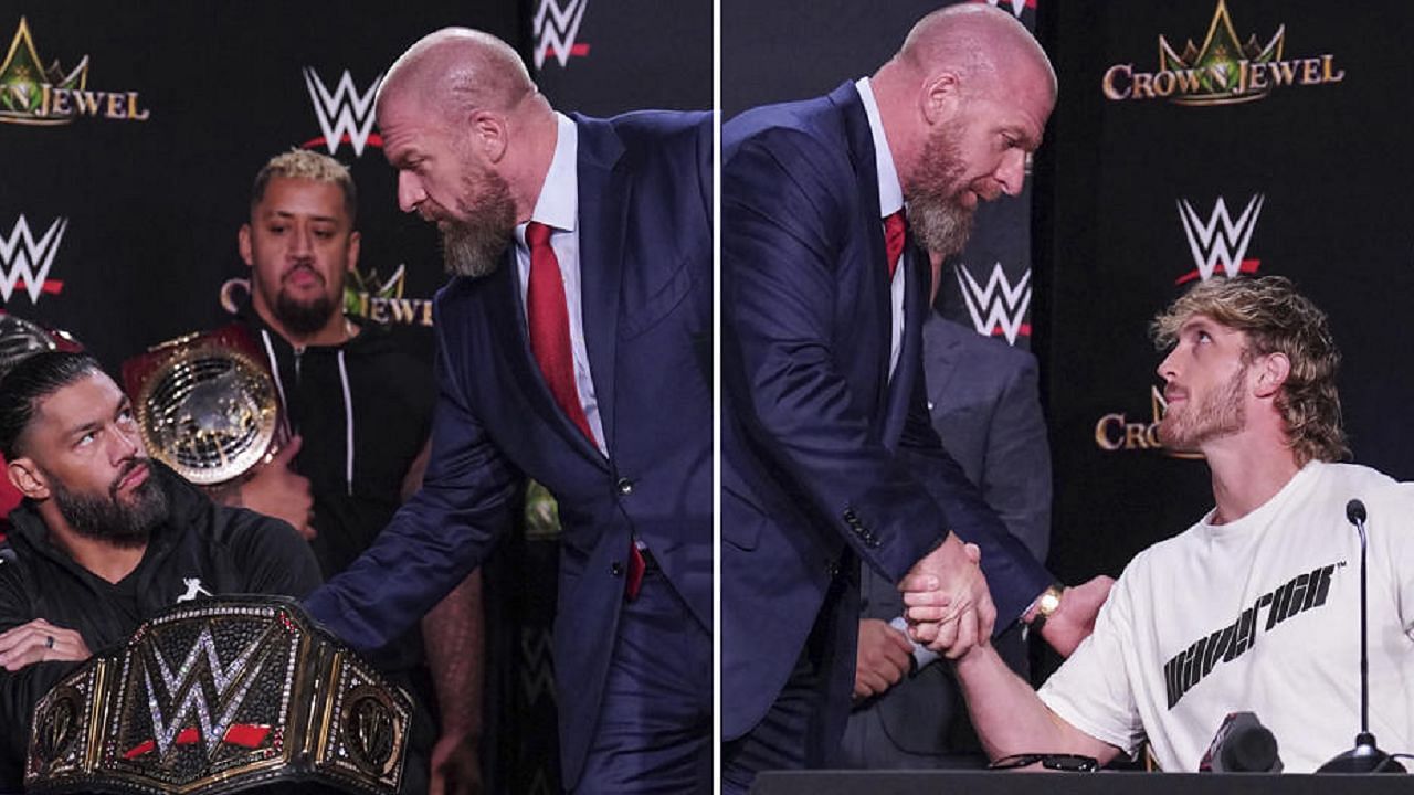 Triple H with Roman Reigns and Logan Paul at the Crown Jewel 2022 press conference