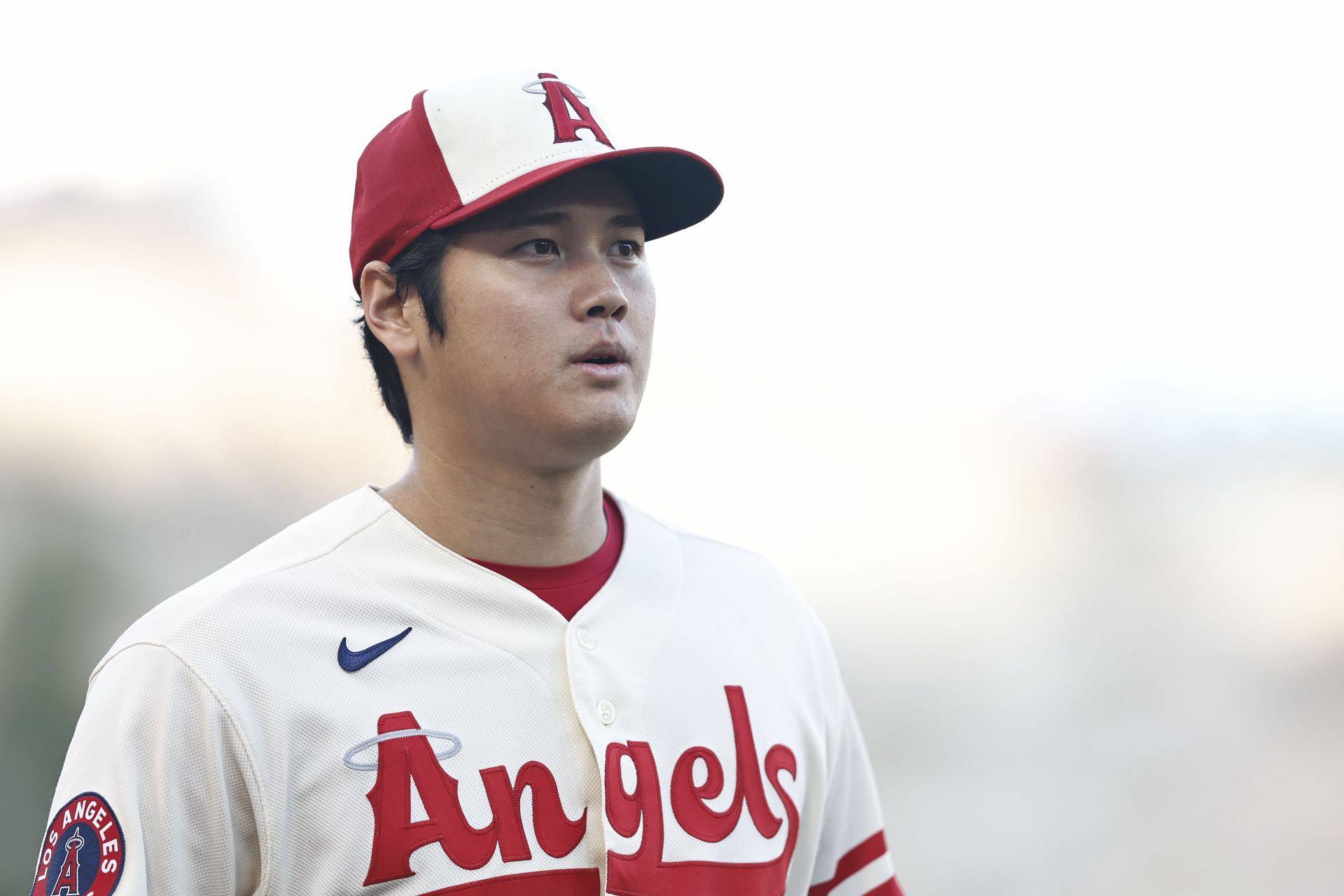 Shohei Ohtani #17 of the Los Angeles Angels looks on prior to a game between the Los Angeles Angels and the Seattle Mariners at Angel Stadium of Anaheim