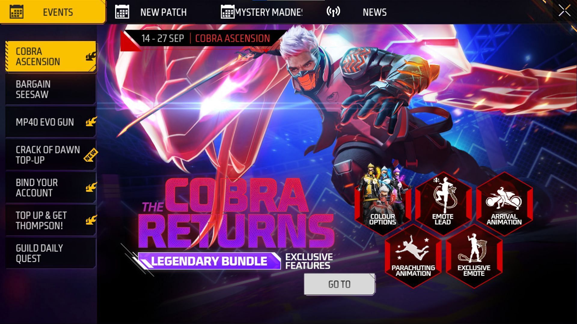 Select the Mystery Madness tab and click on Booyah and Rank Up Now event section (Image via Garena)