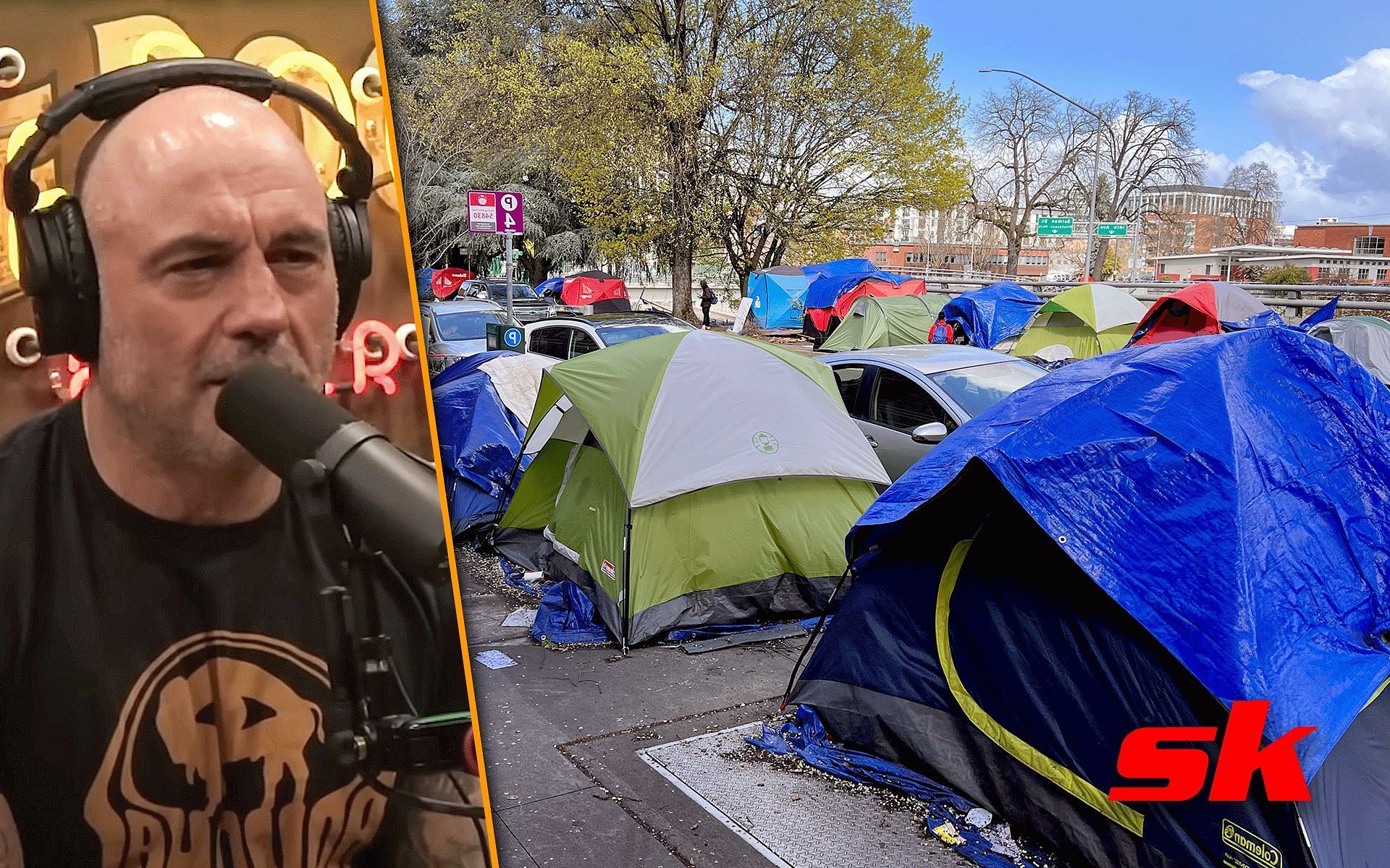 Joe Rogan (left)[Image courtesy: @powerfuljre on YouTube] and Homeless crisis in Portland (right)[Image courtesy: www.opb.org] 