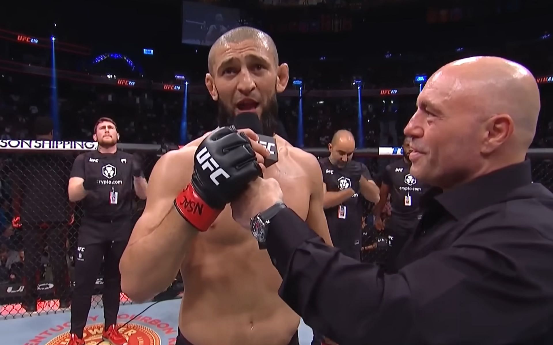 Khamzat Chimaev UFC 279 octagon interview [Image courtesy: UFC via YouTube]