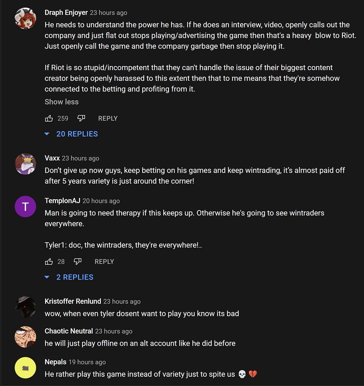 Fans in the YouTube comments section reacting to the streamer&#039;s clip (Images via Tyler1 NA Clips/YouTube)
