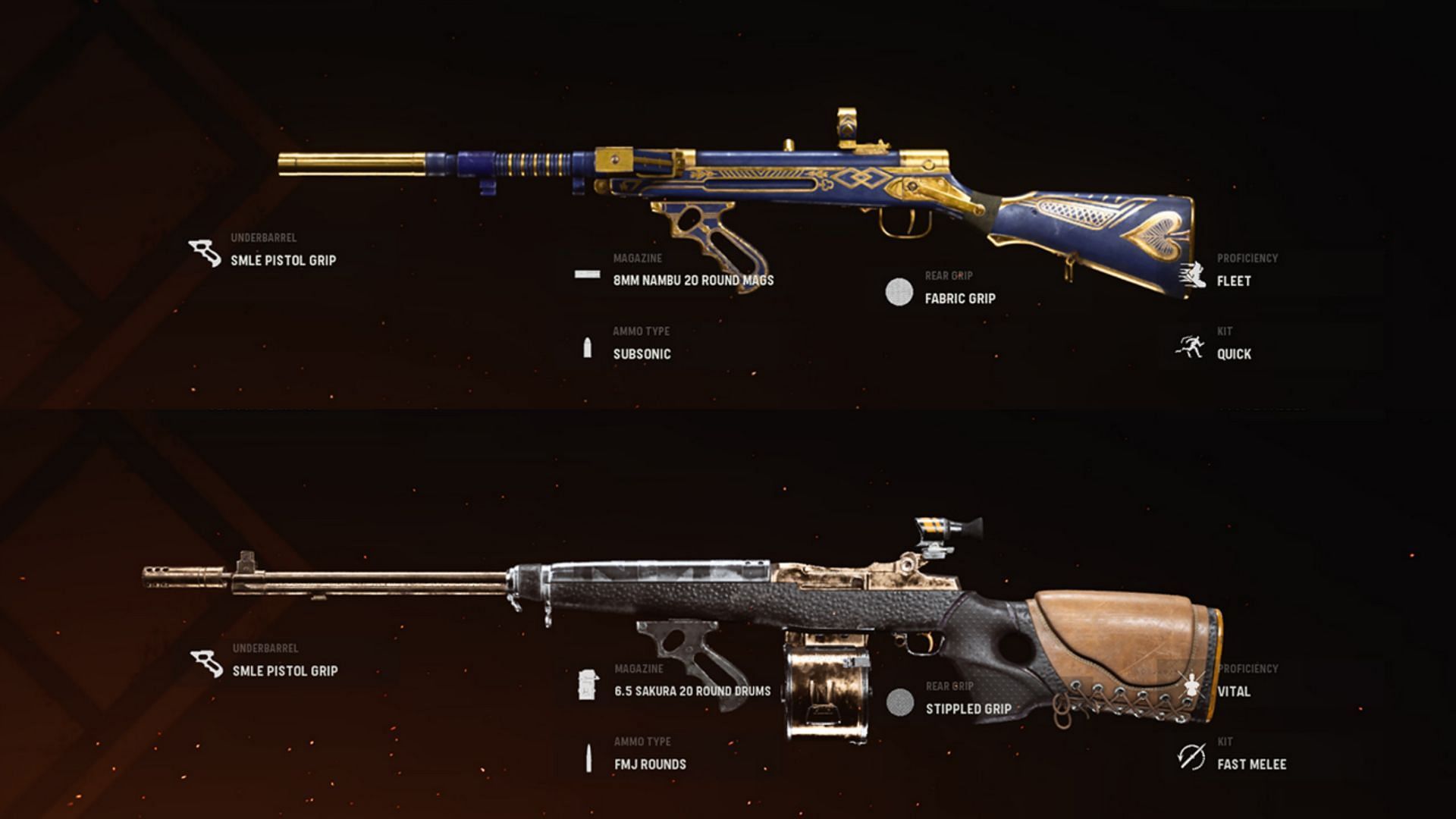 Some available blueprints for Type 100 and M1 Garand in-game (Image via Warzone / Activision)