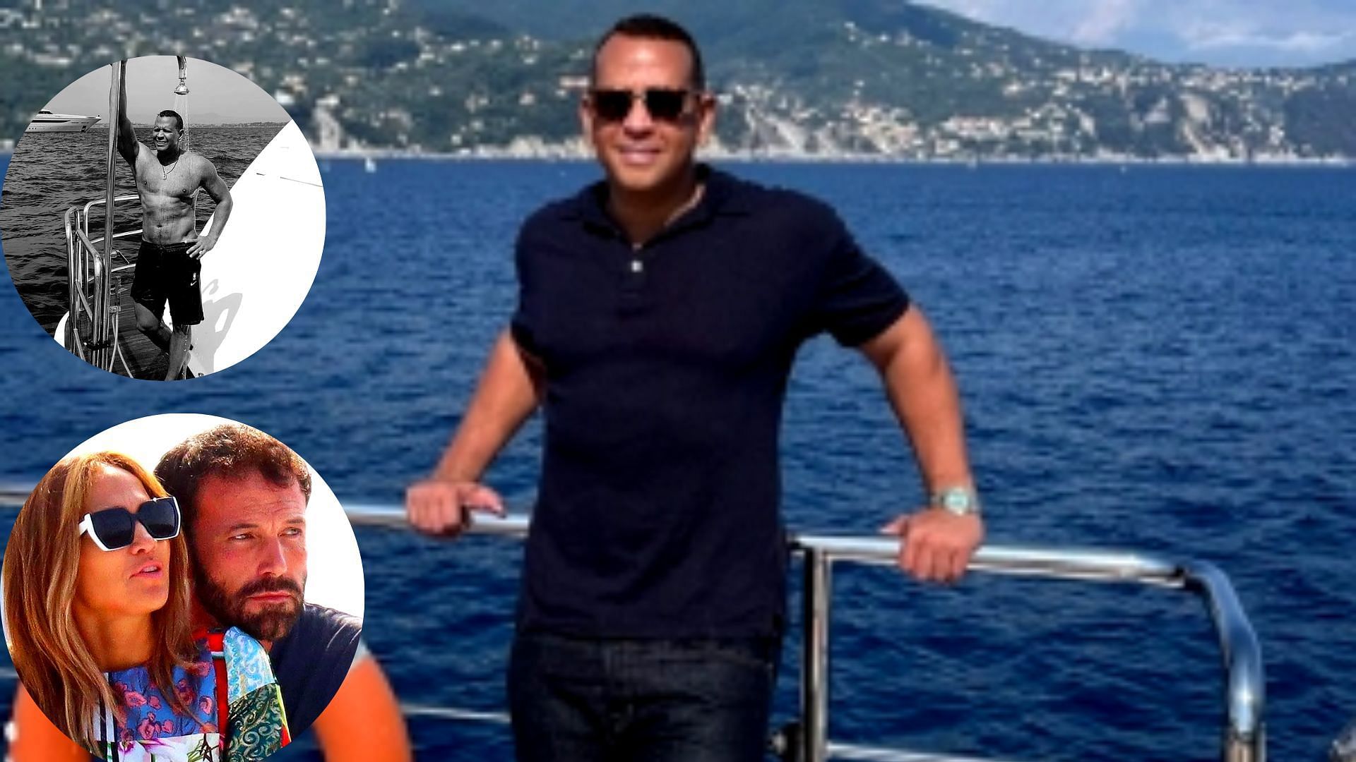 Alex Rodriguez in St. Tropez; J.Lo with Ben Affleck in St. Tropez (bottom left inset); A-Rod taking a shower on his yacht in St. Tropez (upper left inset).