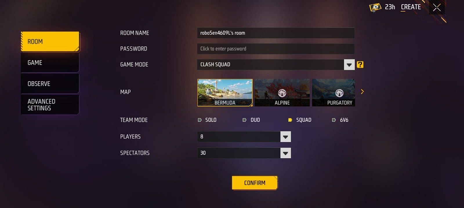 Creating a Custom Room in Free Fire MAX (Image via Garena)