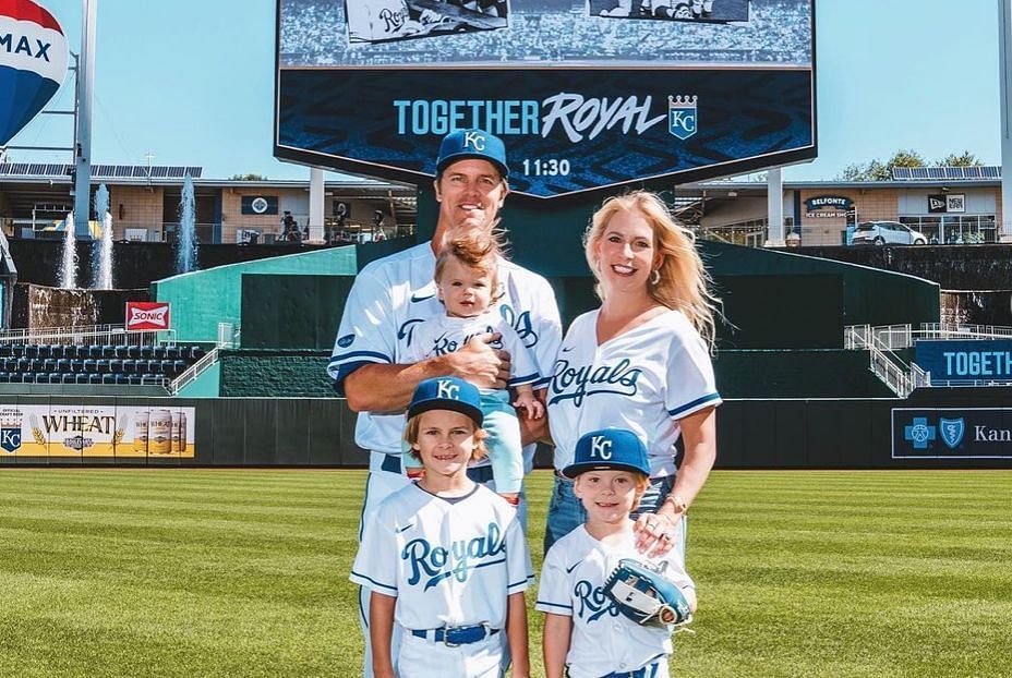 Zack Greinke and his wife Emily pose with their children on Family Day at Kauffman Stadium.