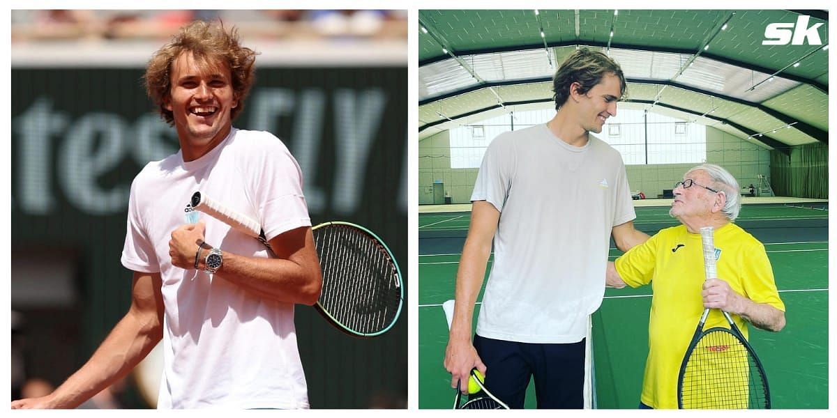 Alexander Zverev practices with the oldest active tennis player