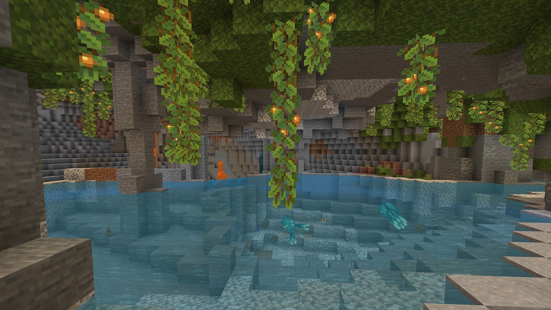 A lush cave in Minecraft, which can be a great building site (Image via Mojang)