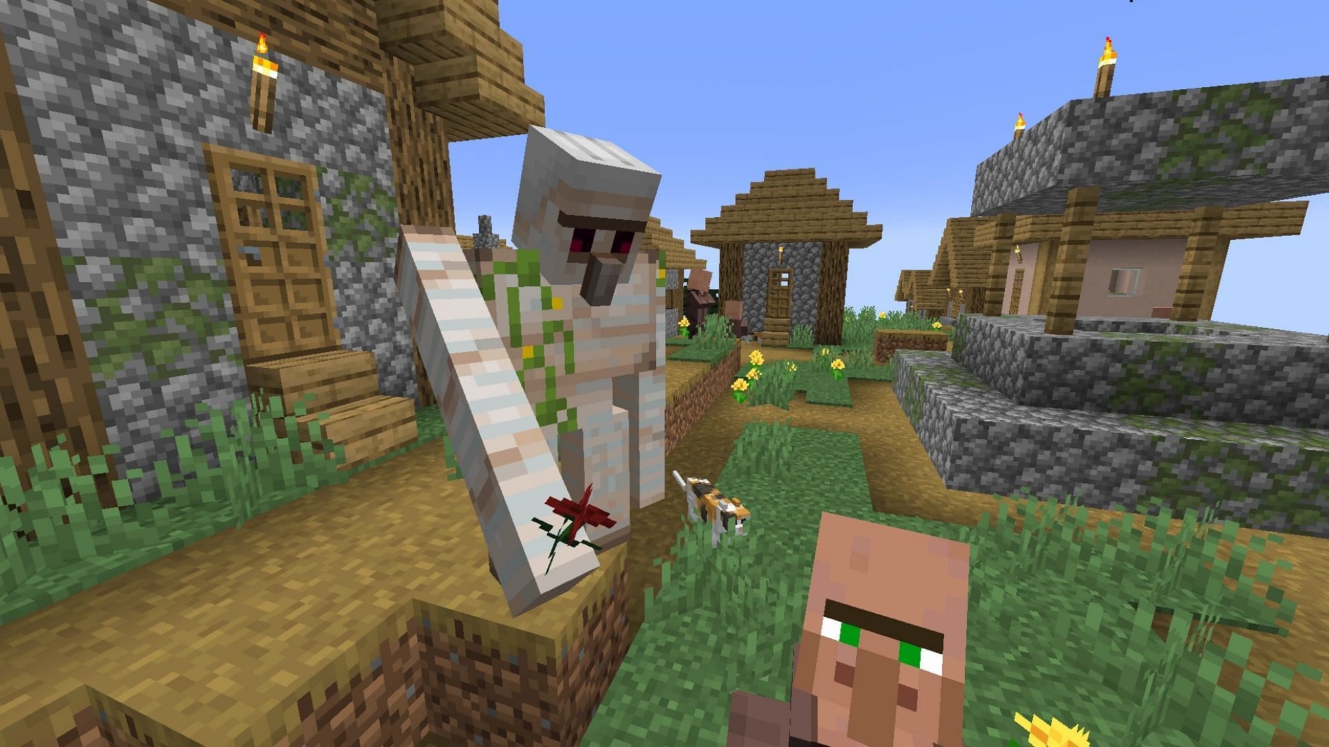 Iron Golem giving poppy to a villager in Minecraft (Image via Mojang)