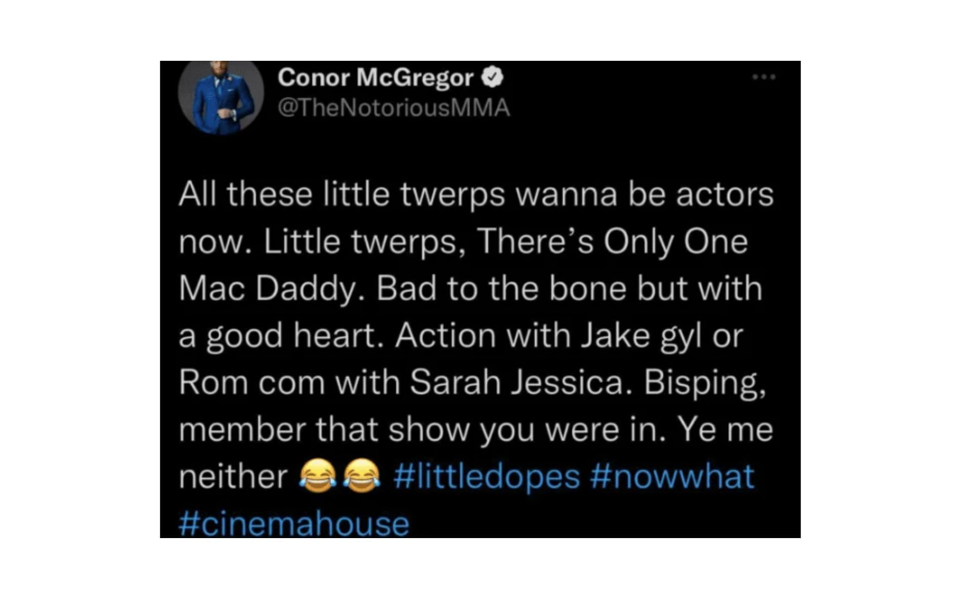 Screenshot of the since-deleted Conor McGregor tweet