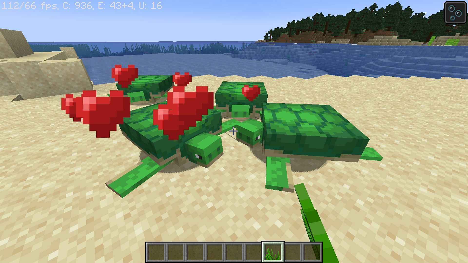 Turtles vigorously move sand in order to find the right spot for their eggs in Minecraft (Image via Mojang)