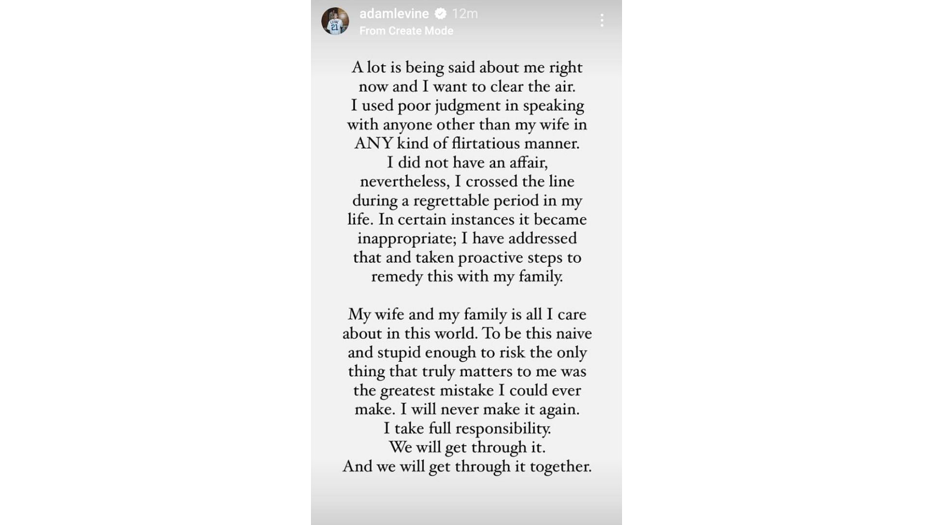 Adam Levine&#039;s statement. (Image via Instagram/adamlevine)