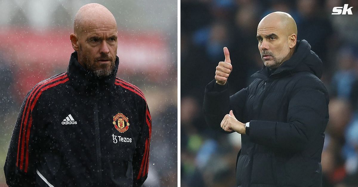 Manchester United manager Erik ten Hag reacts to Pep Guardiola
