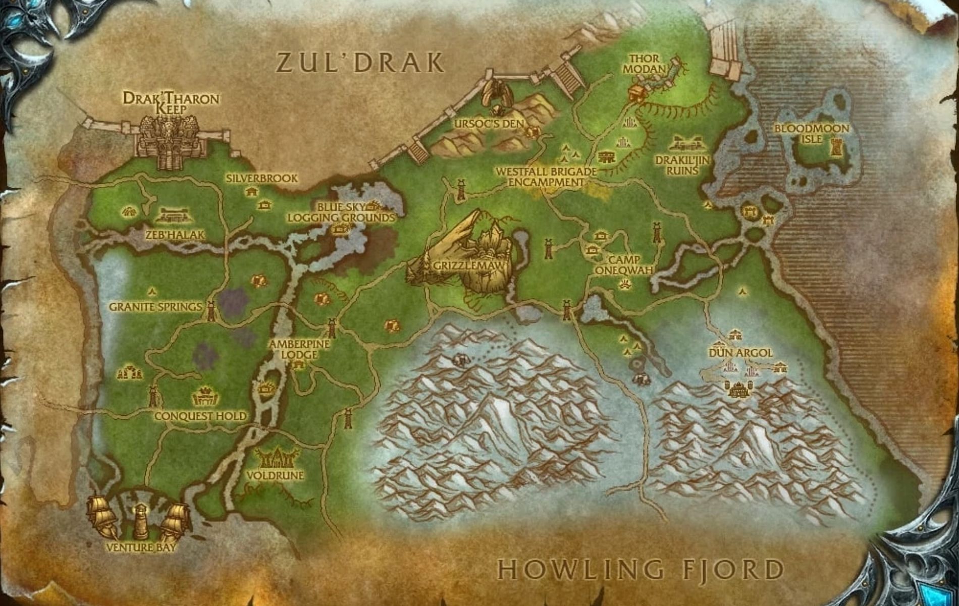 The Grizzly Hills is the green patch of land located between the Howling Fjord and Zul&rsquo;Drak (Image via Blizzard Entertainment)