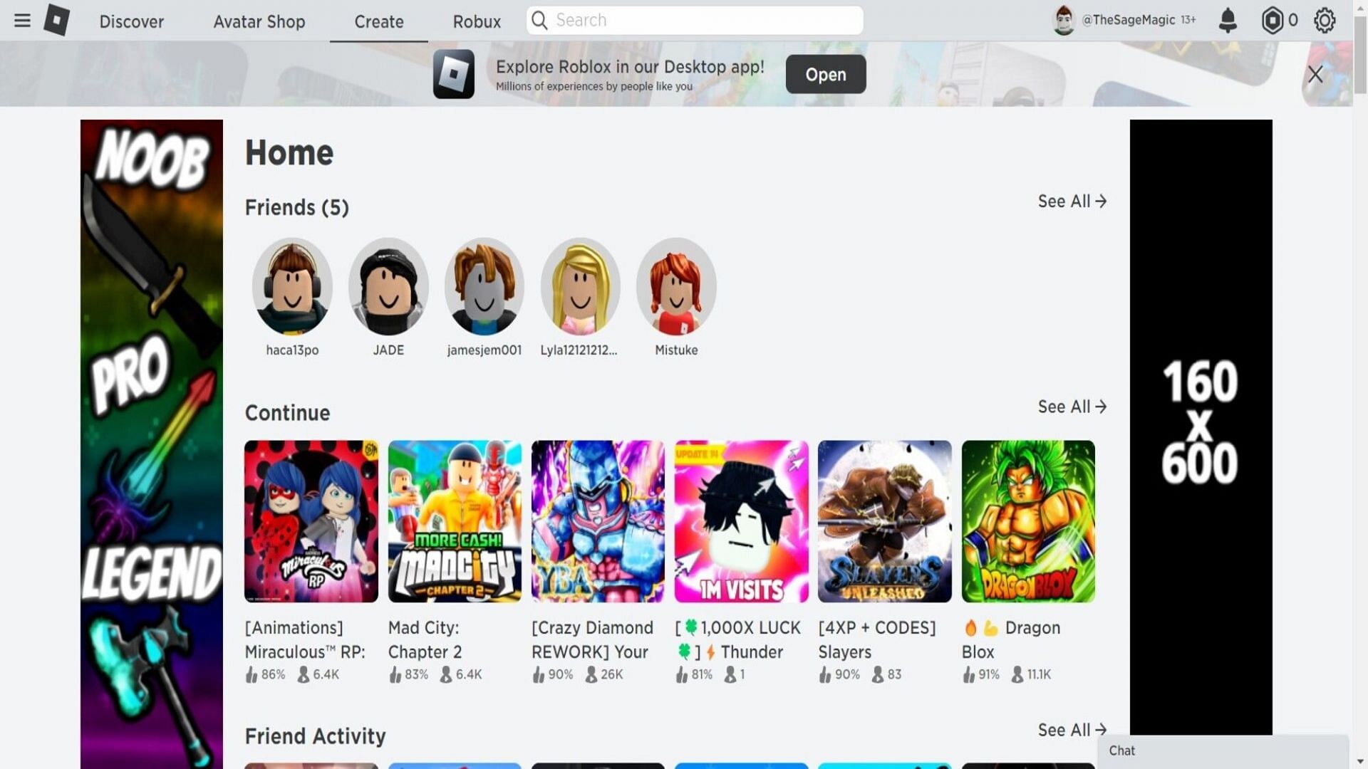 The homepage (Image via Roblox)