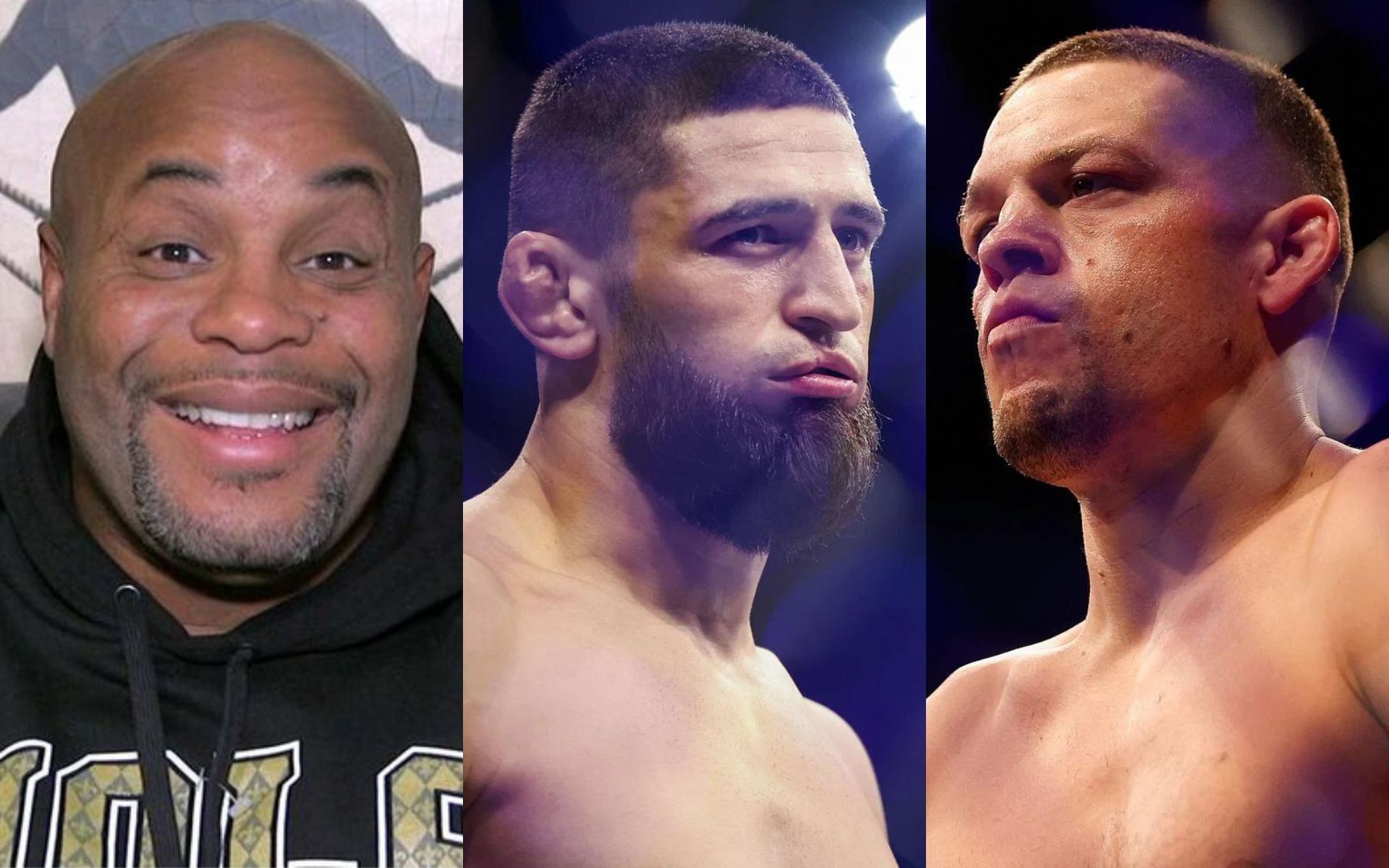 Daniel Cormier (left), Khamzat Chimaev (middle), &amp; Nate Diaz (right) [Image courtesy: Daniel Cormier on YouTube]