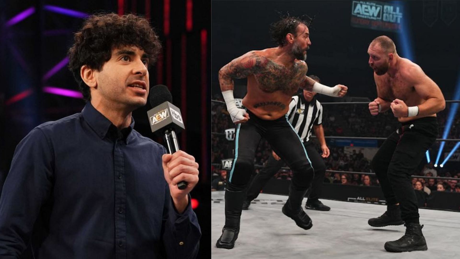 Tony Khan (left); CM Punk vs. Jon Moxley (right)