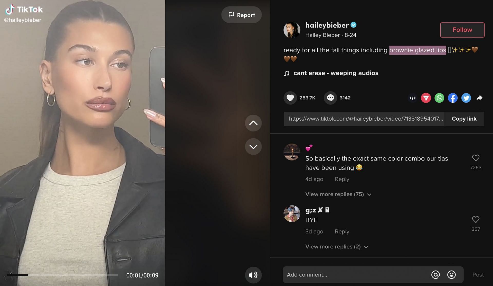 Hailey Bieber again goes for the &#039;brownie glazed lips&#039; in the caption of a new video. (Image via TikTok)