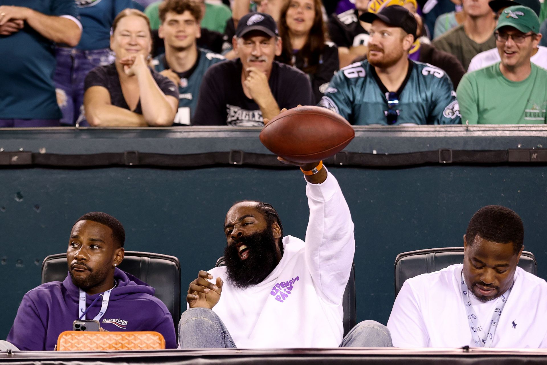 Eagles' Darius Slay gives ball to James Harden while stopping Vikings