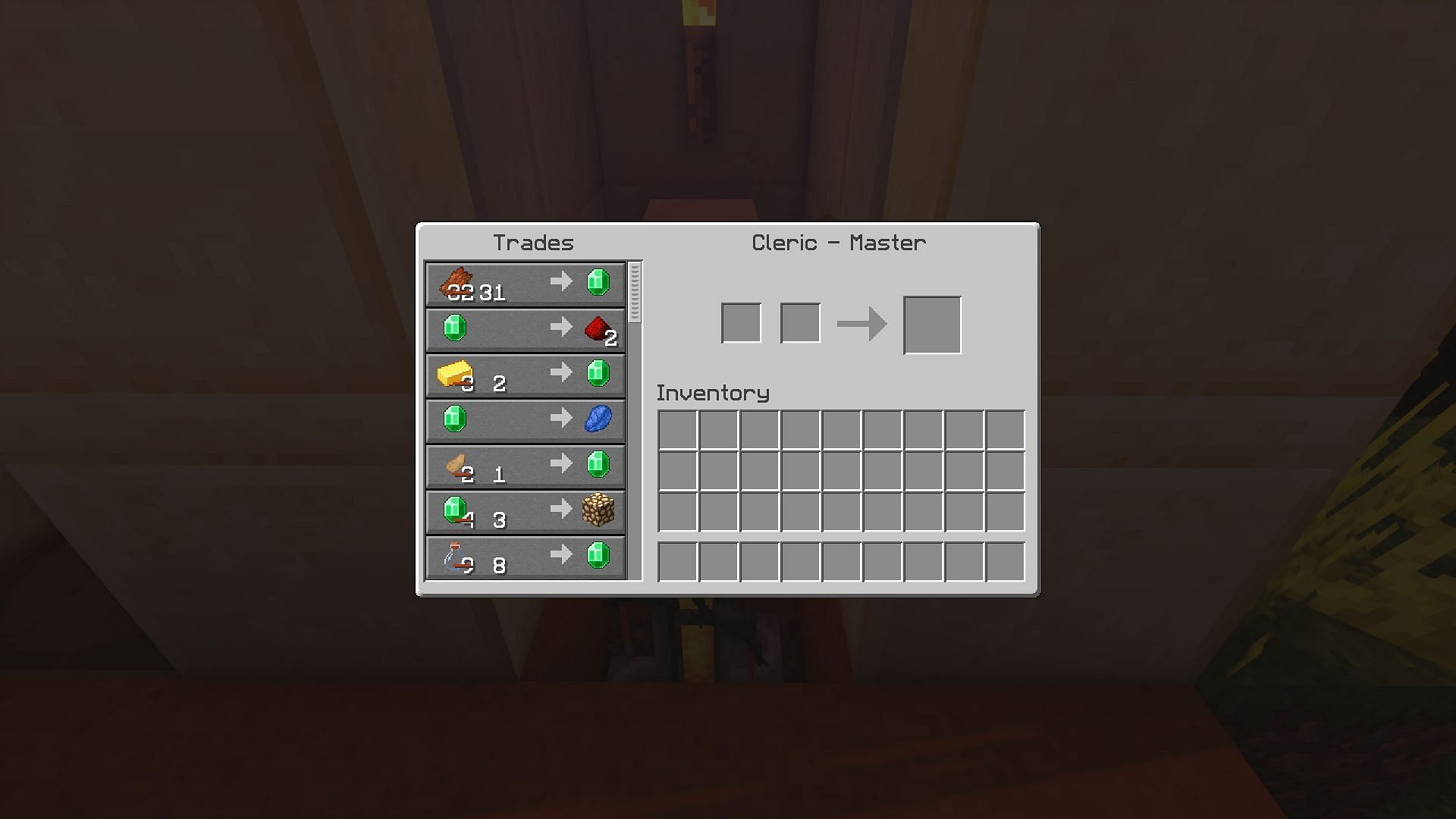The list of Cleric trades (Image via Minecraft)