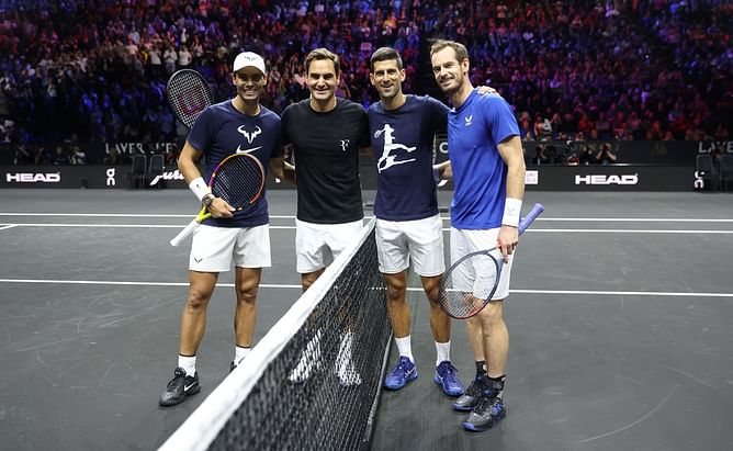 Watch: Roger Federer, Rafael Nadal, Novak Djokovic & Andy Murray practice together for one last time at Laver Cup chaired by Stefanos Tsitsipas