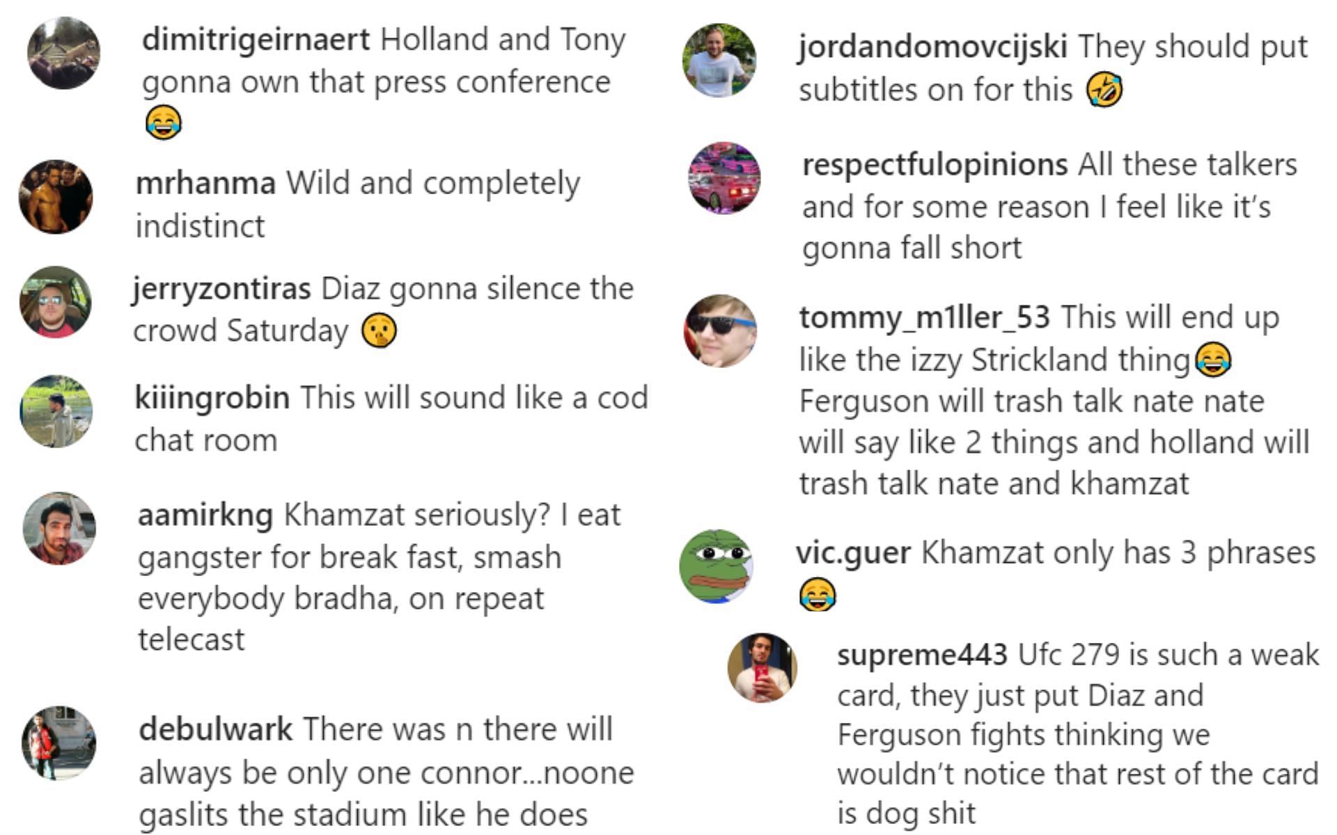 Fans react to the UFC 279 press conference featuring Chimaev, Diaz, Ferguson and Holland.