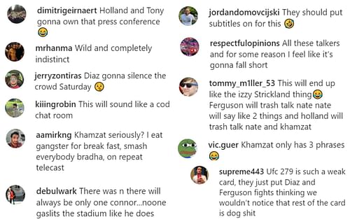 Fans react to the UFC 279 press conference featuring Chimaev, Diaz, Ferguson and Holland.