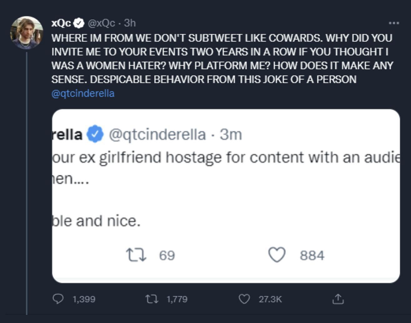 xQc goes off on Twitter and calls out QTCinderella (Image via Twitter)