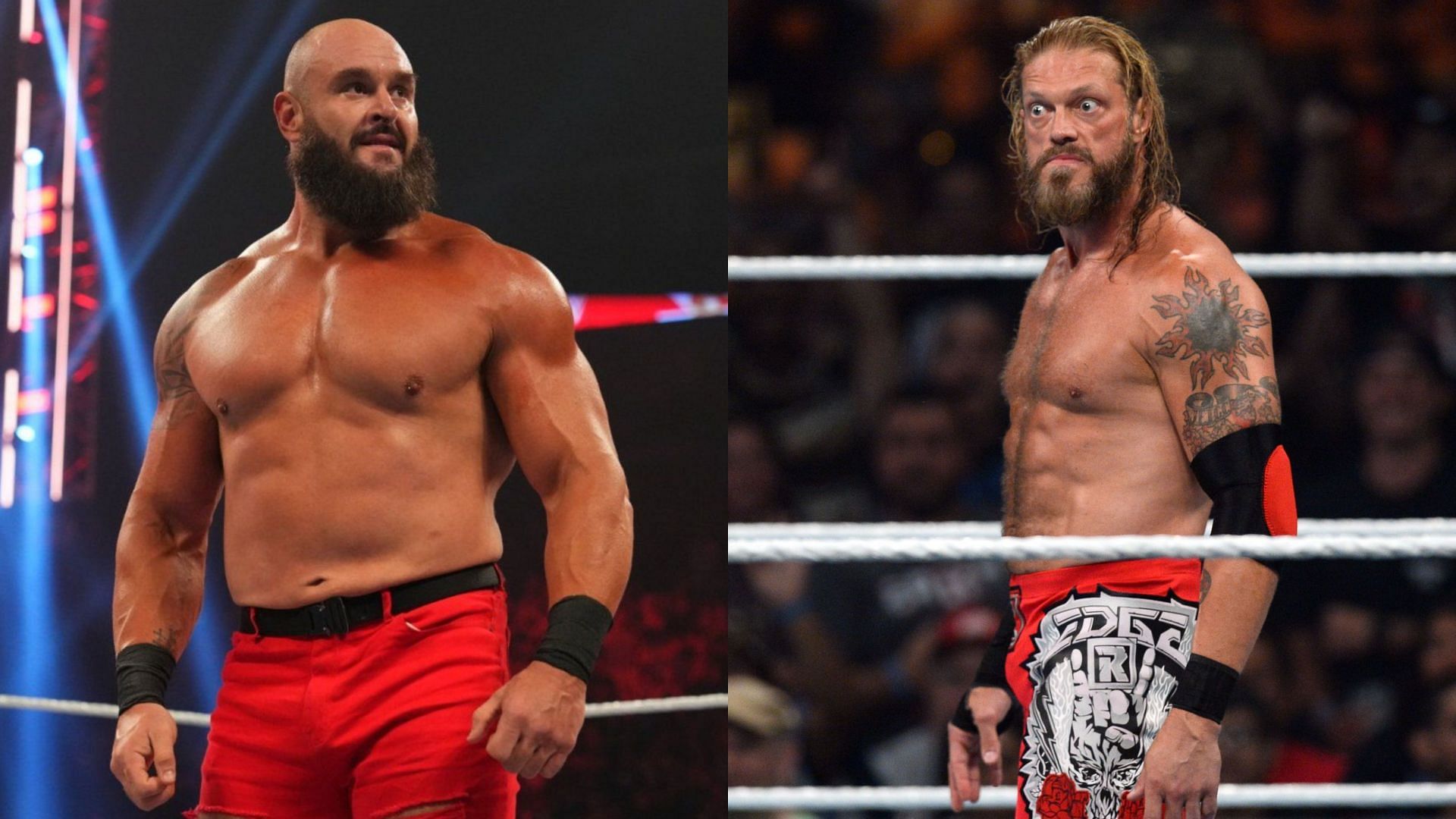 Braun Strowman (left) and WWE Hall of Famer Edge (right)