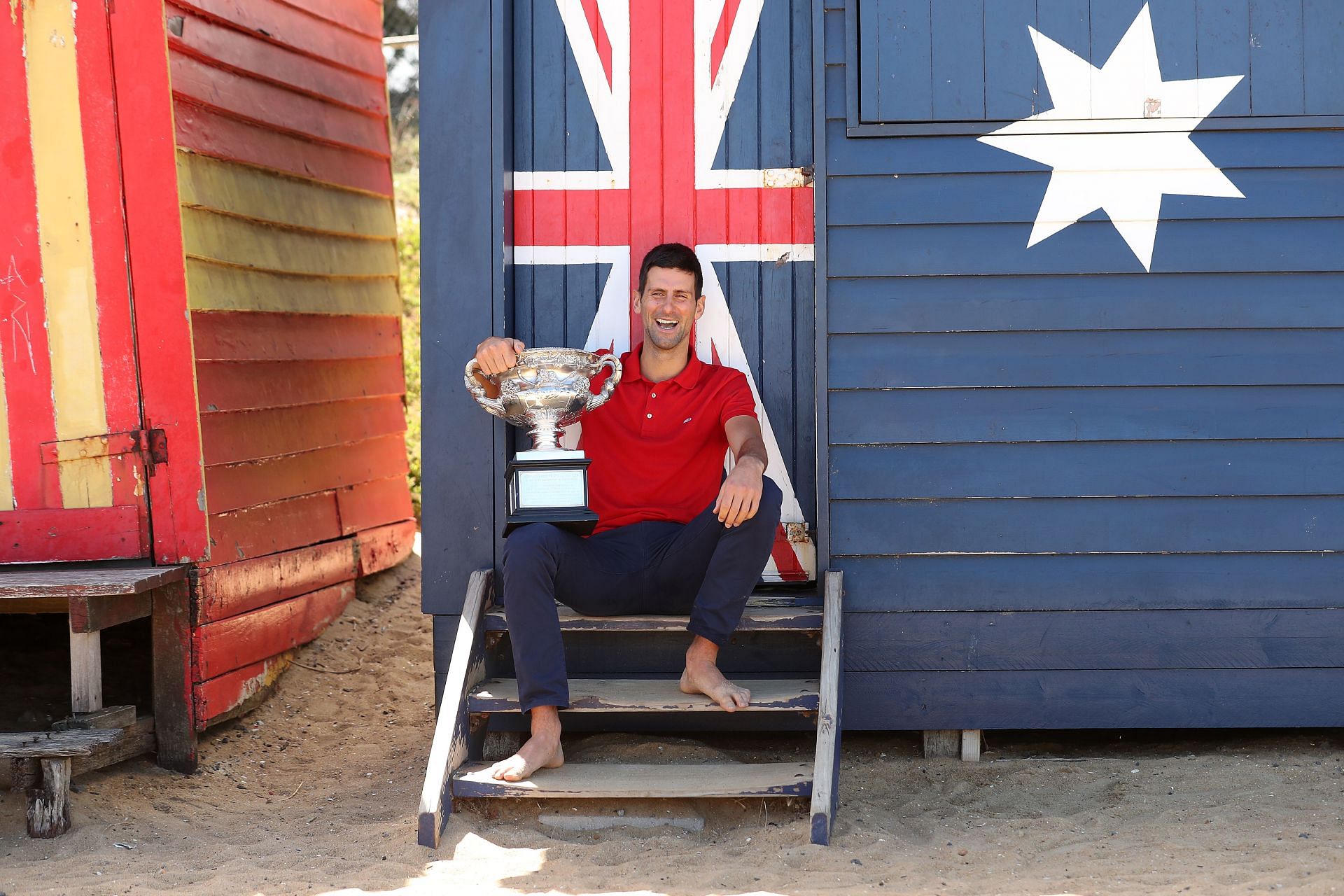 Novak Djokovic with the 2021 Australian Open men&#039;s trophy