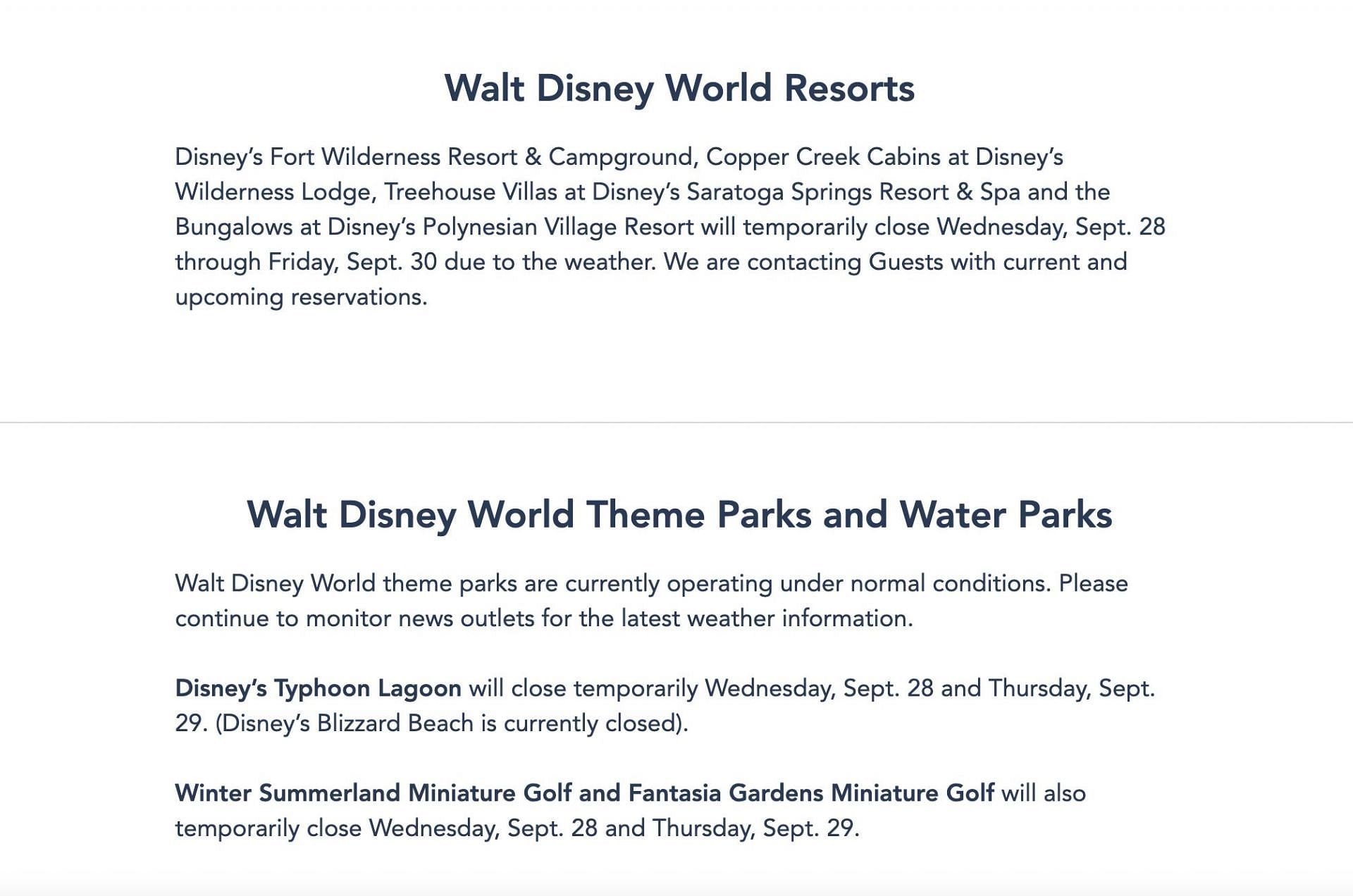 WDW notifies patrons about the various closure amidst hurricane Ian scare. (Image via WDW)