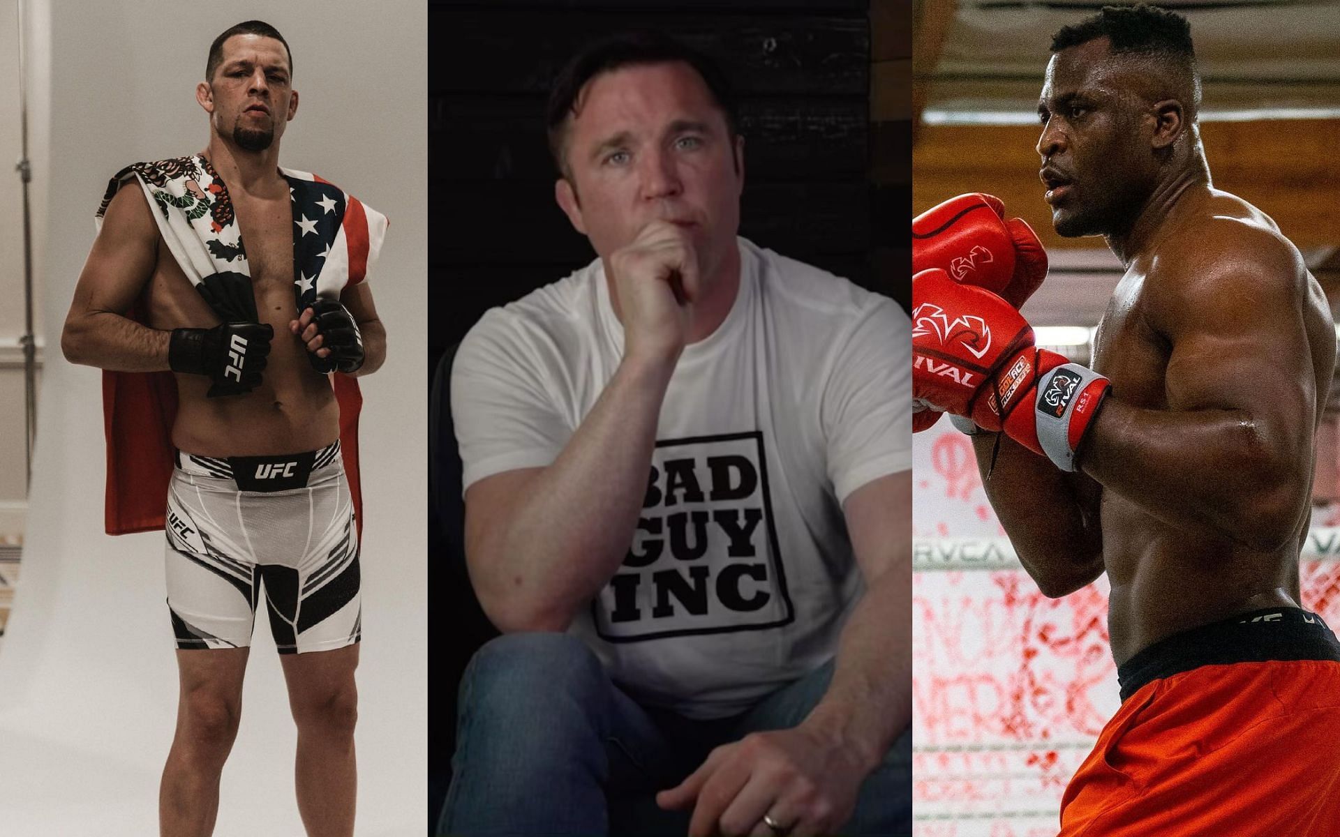 Nate Diaz (Left), Chael Sonnen (Center), and Francis Ngannou (Right) [Images via @road2war, @sonnench and @francisngannou on Instagram]