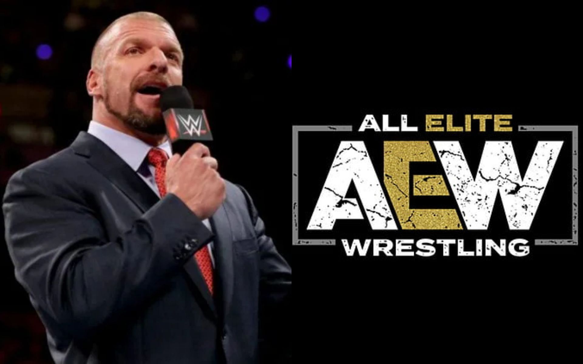 WWE Head of Creative, Triple H (left) and AEW logo (right).