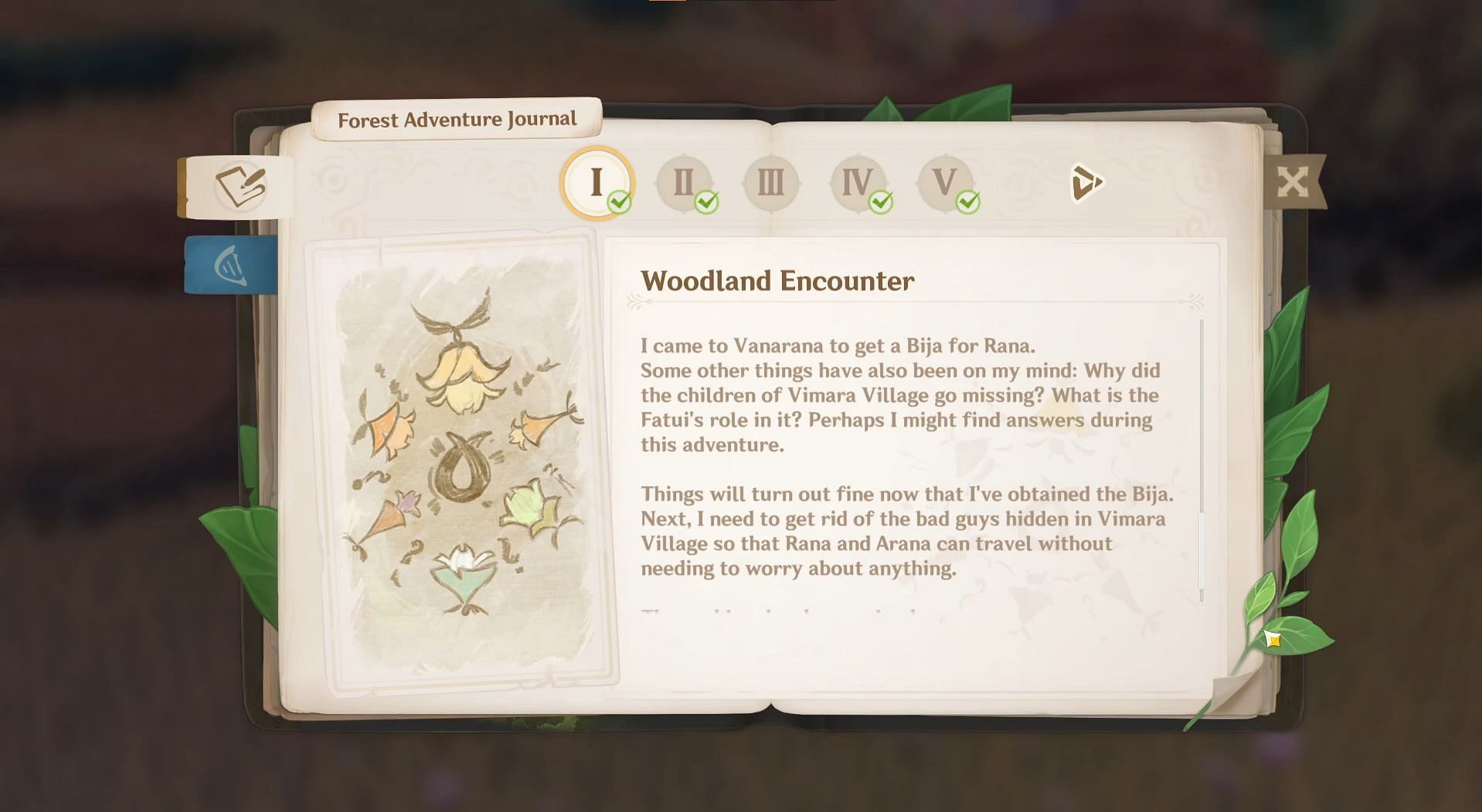 A green checkmark can be seen in the Woodland Encounter Chapter (Image via HoYoverse)