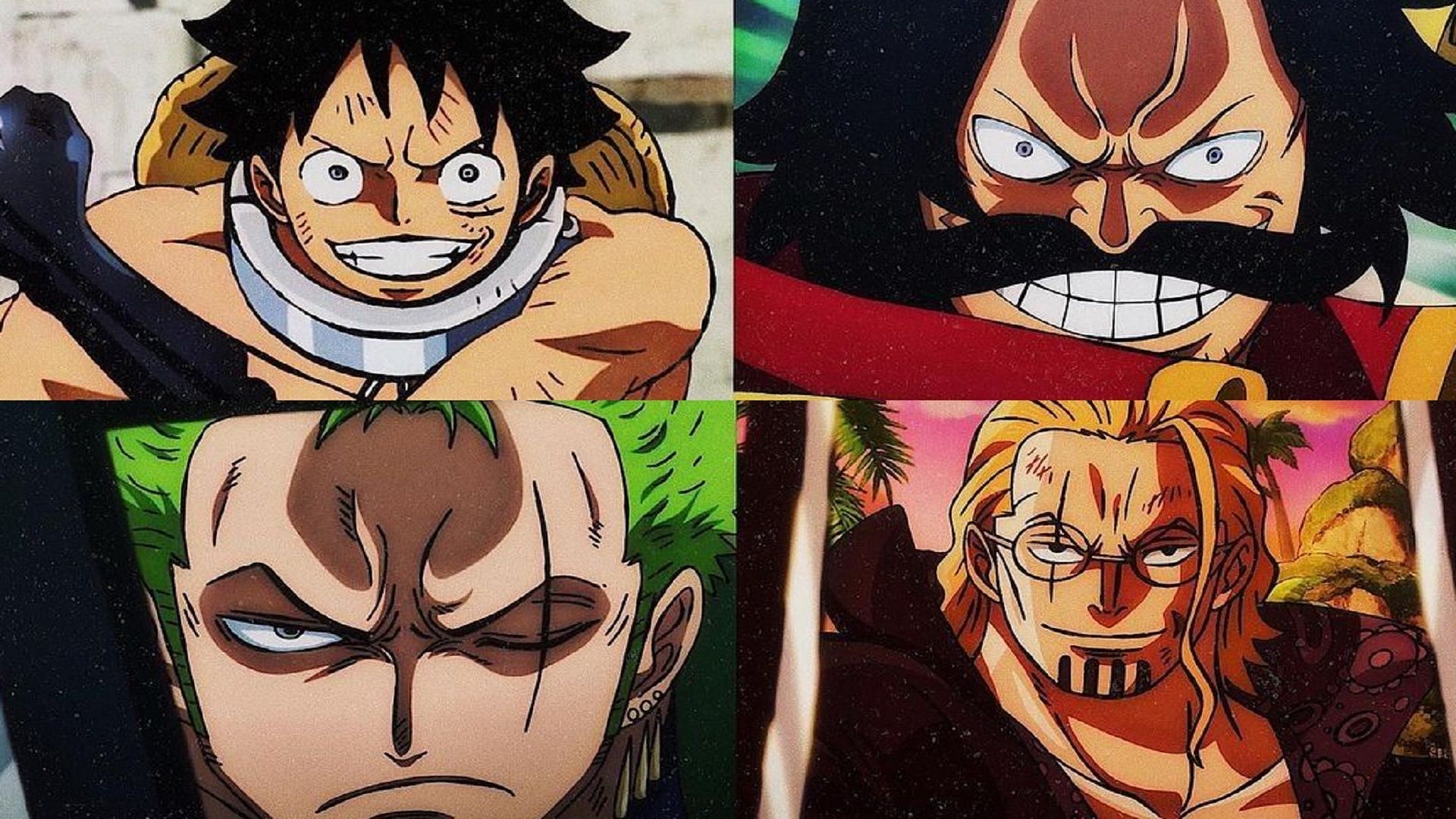 Luffy and Roger, future and former Pirate King, together with Zoro and Rayleigh, their right-hand men (Image via Toei Animation, One Piece)