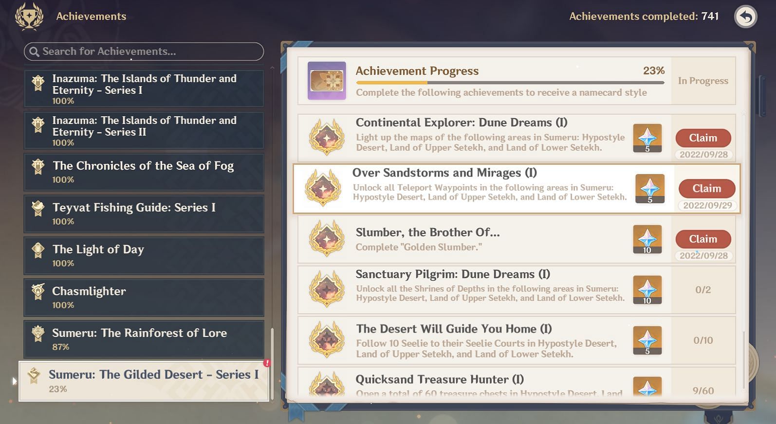 Achievement for unlocking all waypoints in Sumeru Desert (Image via HoYoverse)